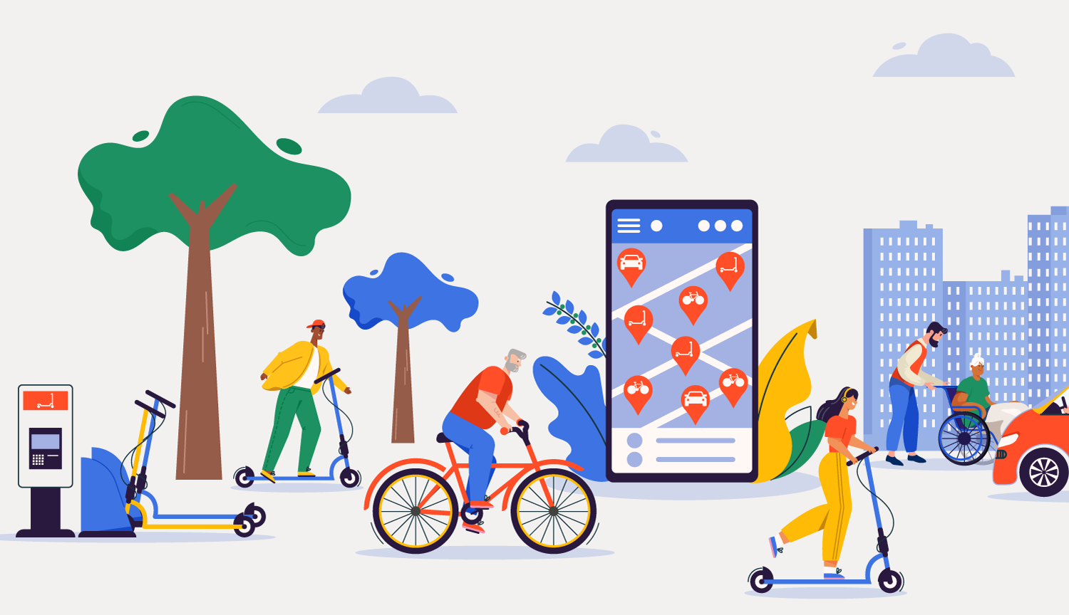 Una ilustración collage muestra a personas de todas las edades y etnias que utilizan servicios de movilidad compartida, como scooters eléctricos, bicicletas y viajes compartidos.