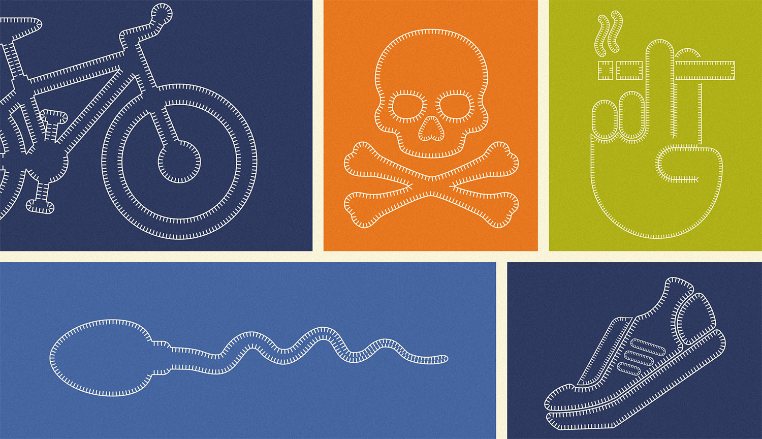 An illustration shows strands of RNA used to make drawings of items such as a bicycle, running shoe, hand holding a cigarette and an ice cream cone.