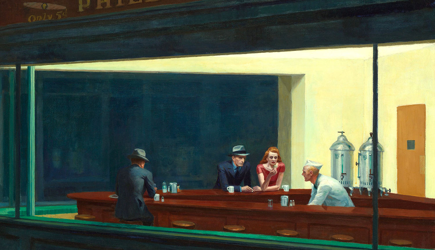 Cuadro de Edward Hopper muestra a personas en una cafetería en la noche.