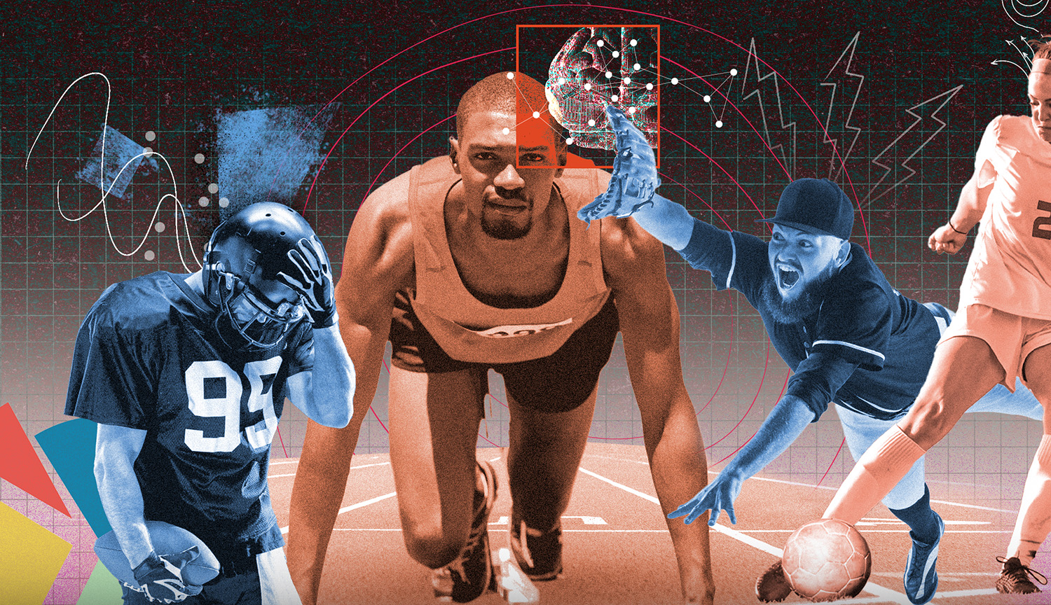 Un collage de atletas con un jugador de fútbol americano consternado, un futbolista concentrado, un corredor en la línea de salida y un jugador de béisbol lanzándose a por la pelota.