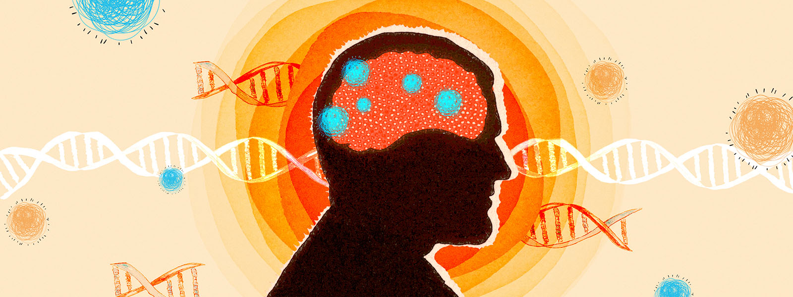 Una ilustración muestra la silueta de la cabeza de un hombre con el cerebro resaltado, con virus y filamentos de ADN alrededor de la figura.