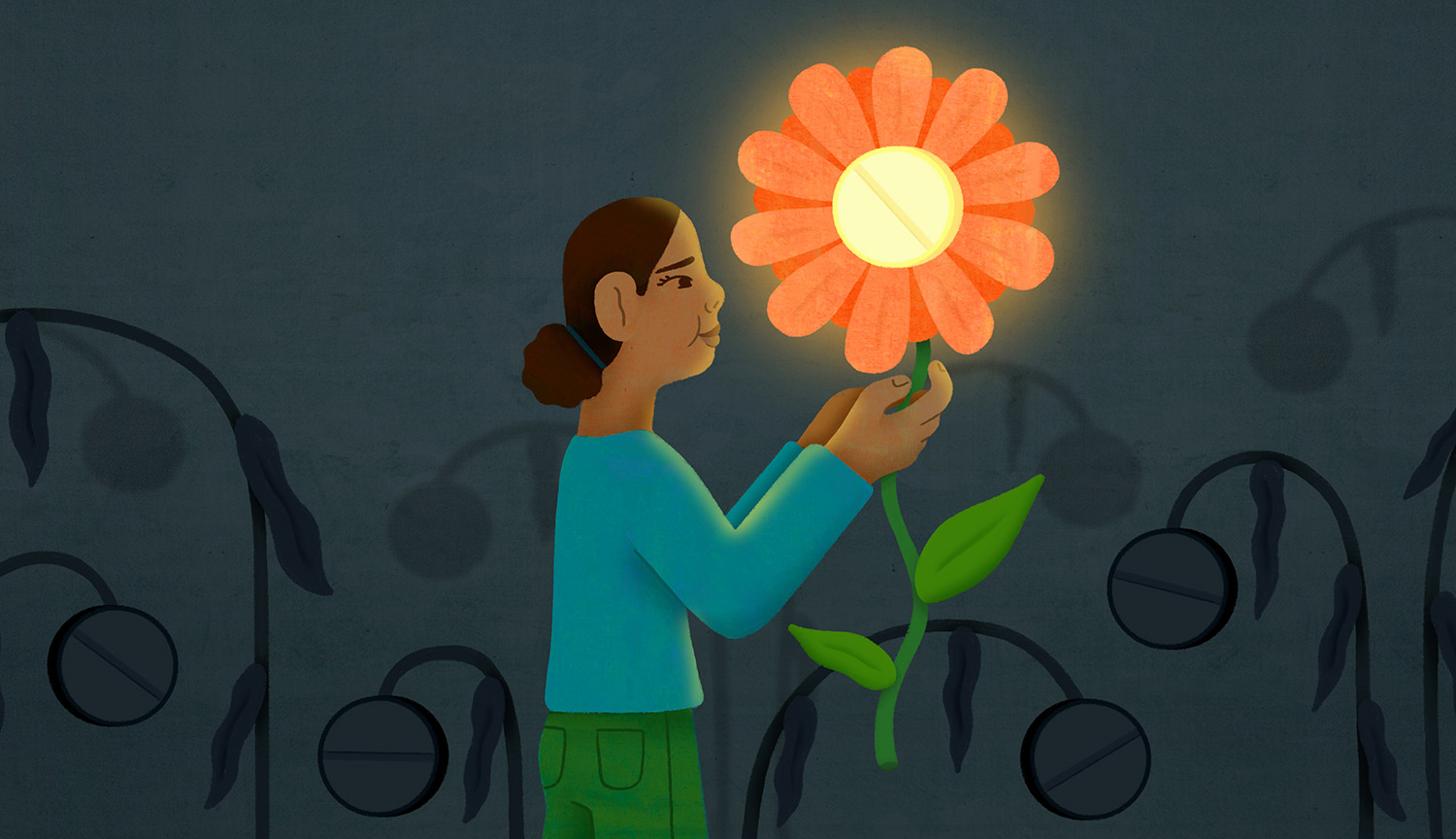 Una joven iluminada sostiene un girasol con una píldora como centro. Están flanqueados por flores oscuras y muertas hechas de otras píldoras.